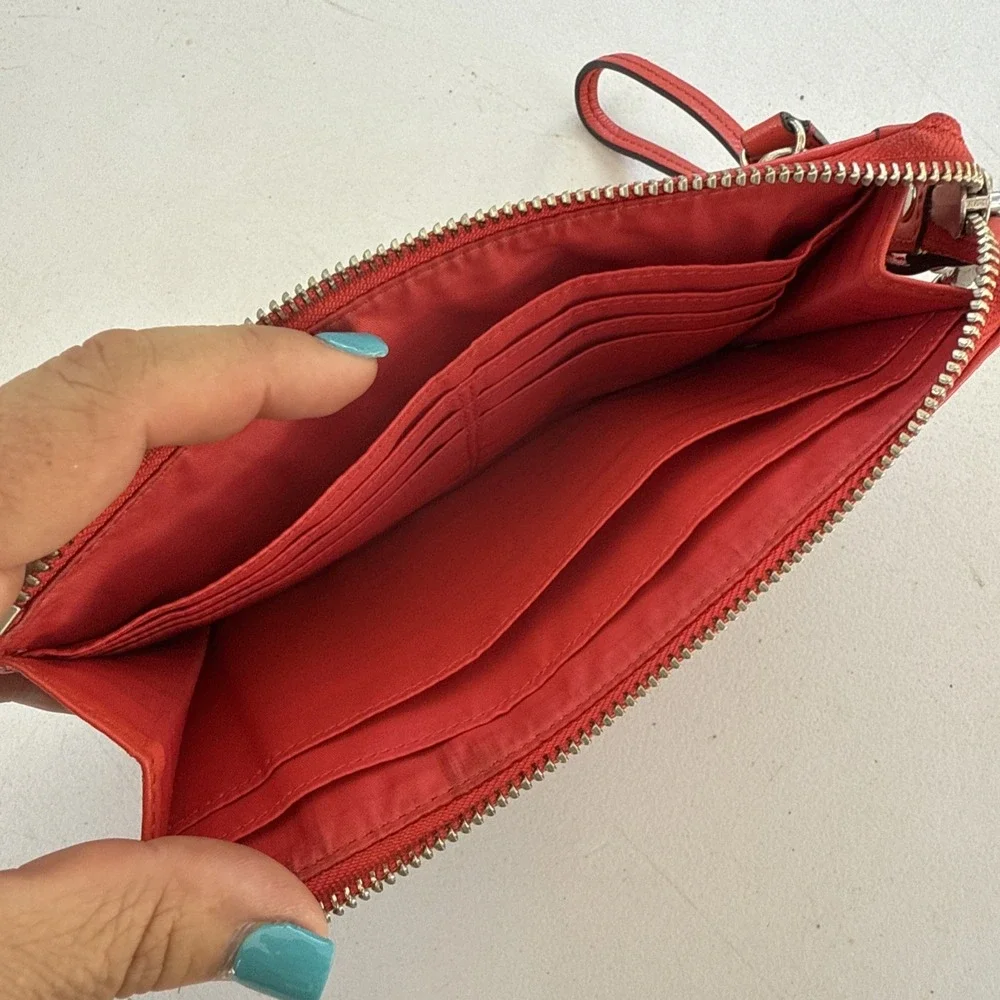 Coach Tan Clutch Wristlet Zip Wallet in  Khaki & Coral  7.5